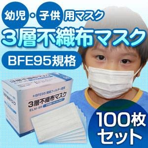 【幼児・子供用マスク】新型インフルエンザ対策3層不織布マスク100枚セット(50枚入りx2)12cmx7cm
